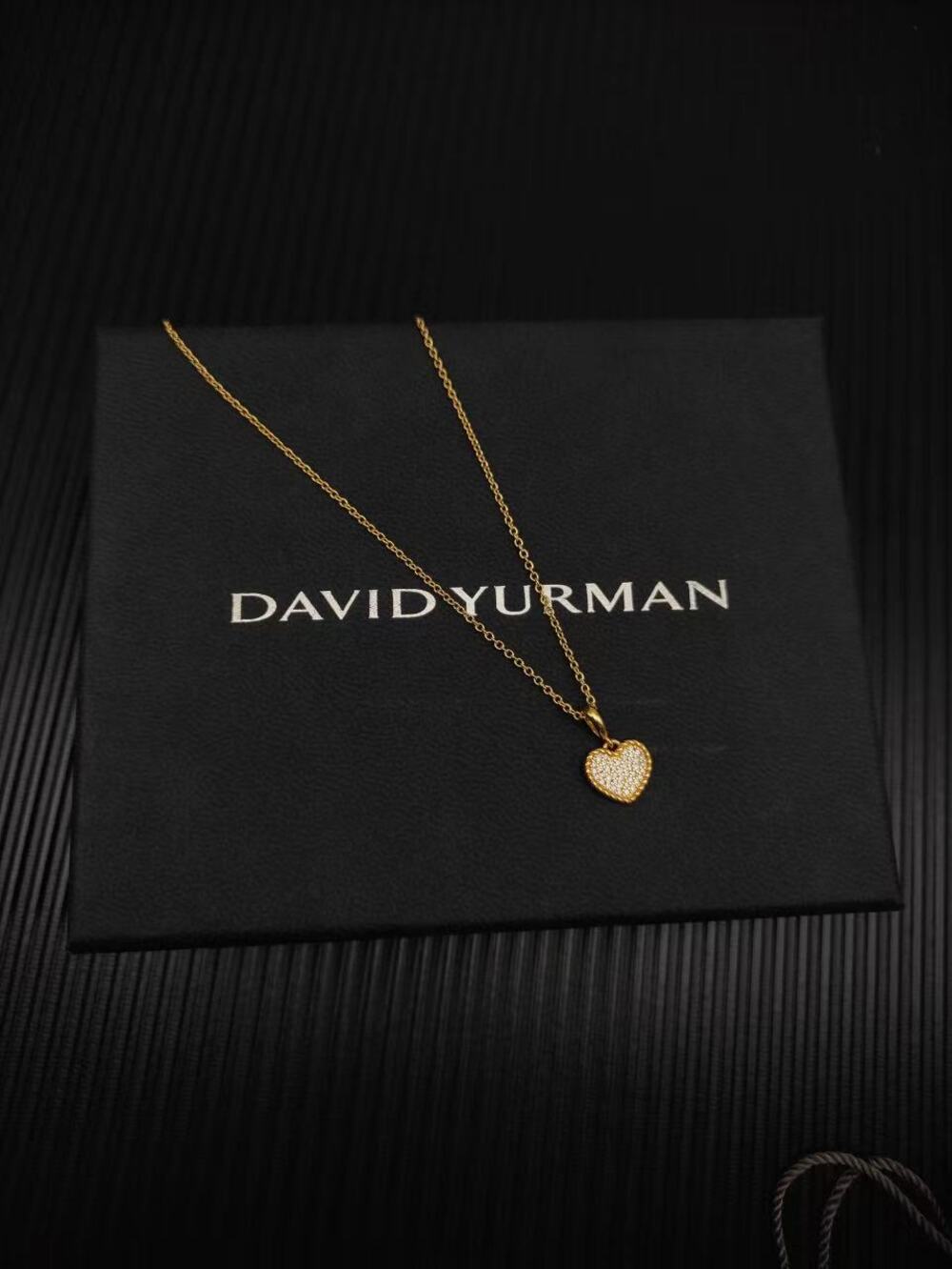 David Yurman Pave Heart Pendant Necklace Gold Tone Delicate Chain